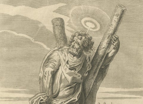 Biblical Engravings, Christ’s Resurrection & St. Andrew the Apostle (1735), close-up 1