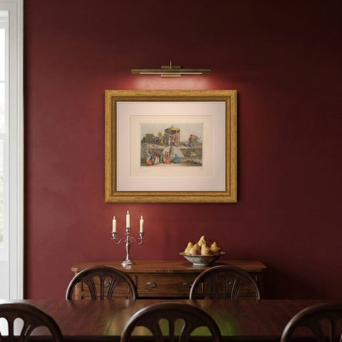 Original Antique Japanese Wedding Ceremony, Hand-Colored Ferrario Print, 1815, shown framed on a wall, true to size