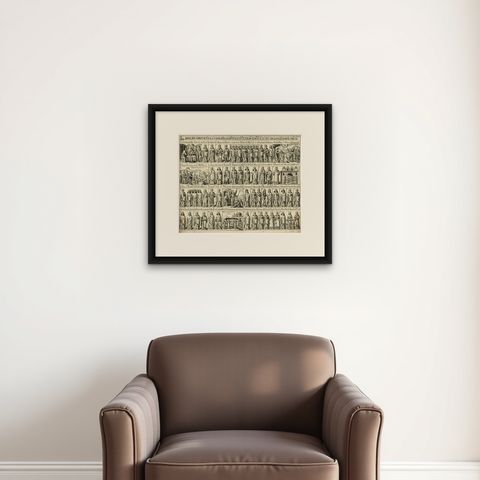 Antique Print of a Religious Calendar, Depicting the Month January, 1680, shown framed on a wall, true to size