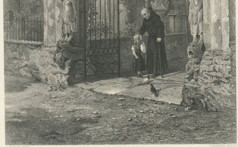 Cathedral Gateway, Chur, Antique Steel Engraving after S. Hodson, circa 1876, close-up 2