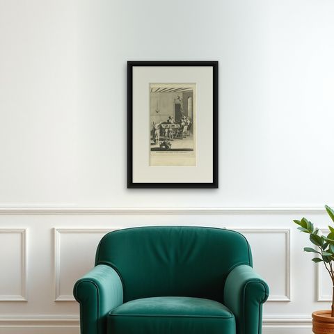 Antique Print of Jewish Ceremonies by A. Calmet, 1727, shown framed on a wall, true to size
