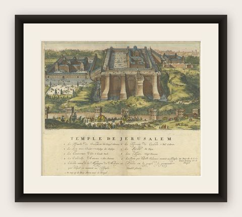 Jerusalem Engraved Handcolored Old Print of Solomon's Temple by De Hooghe, 1715, shown framed