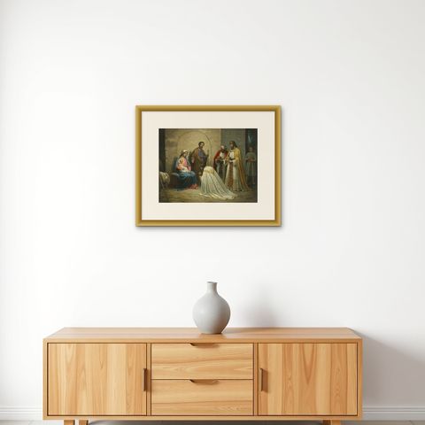 Holy Family and Three Kings, c.1900 German Religious Chromolithograph, shown framed on a wall, true to size