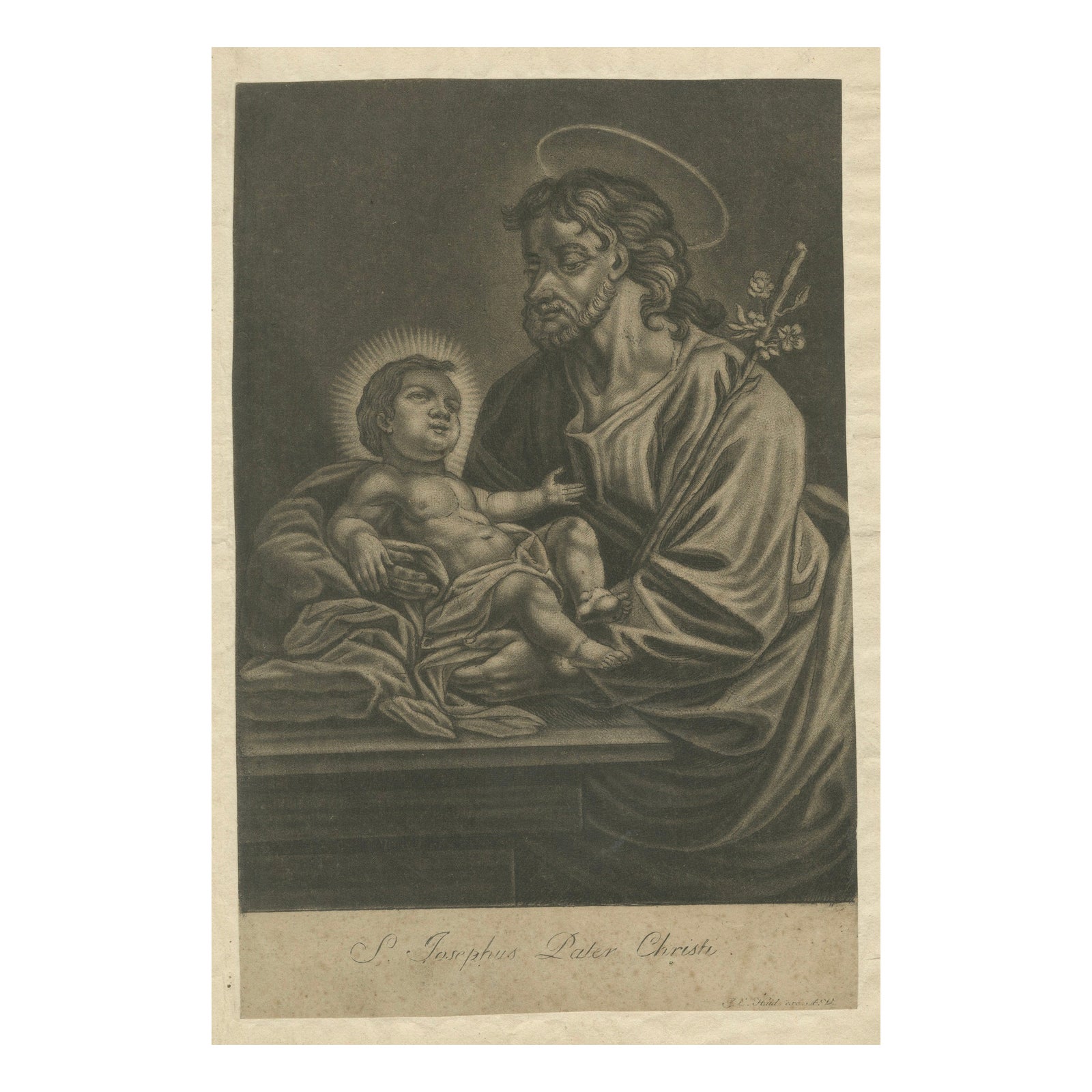 St. Joseph with the Christ Child, Antique Mezzotint, J.E.Haid Augsburg, ca.1799