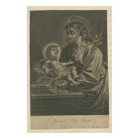 St. Joseph with the Christ Child, Antique Mezzotint, J.E.Haid Augsburg, ca.1799
