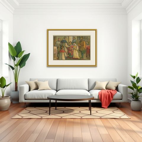 Antique Religion Print of the Seven Sacraments, Marriage '1913', shown framed in a room, true to size