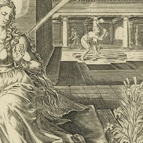 Mary Visited by an Angel, Antique Biblical Engraving, Visscher, 1674, close-up 5