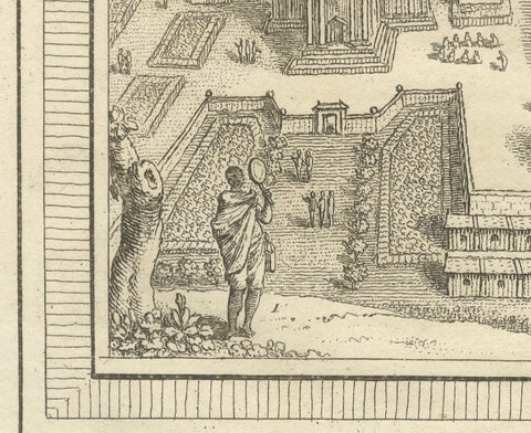 Engraving of Thai Buddhist Temple and Monastery in Ayutthaya, Siam, 1751, close-up 1