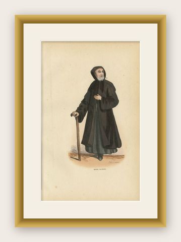 Antique Print of a Jacobite Monk, 1845, shown framed
