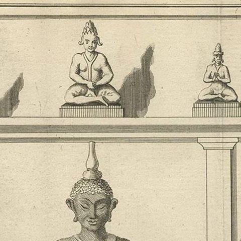 Antique Print of Statues of Buddha and Siamese Deities by A. van der Laan, 1739, close-up 1