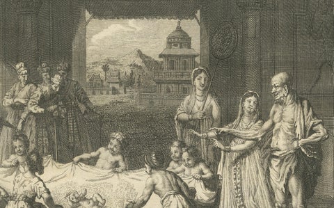 Birth and Naming Rituals of the Banians, Rare 1734 Indian Custom Engraving, close-up 1