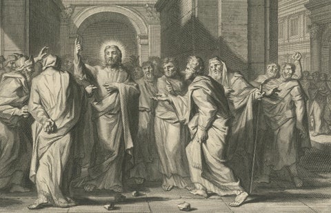 Christ Heals the Man Born Blind & The Woman Taken in Adultery, ca. 1700, close-up 1