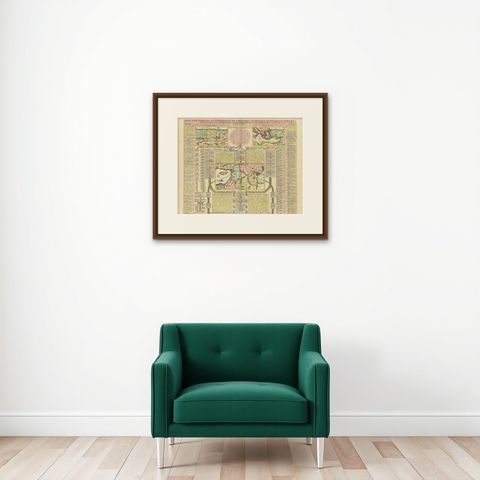Biblical Map and Family Trees of the Holy Land by Chatelain, ca. 1720, shown framed on a wall, true to size