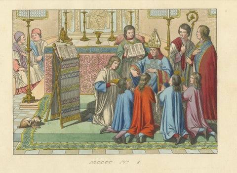 Antique Hand-Colored 1845 Engraving of Medieval Church Ceremony, France, close-up 1