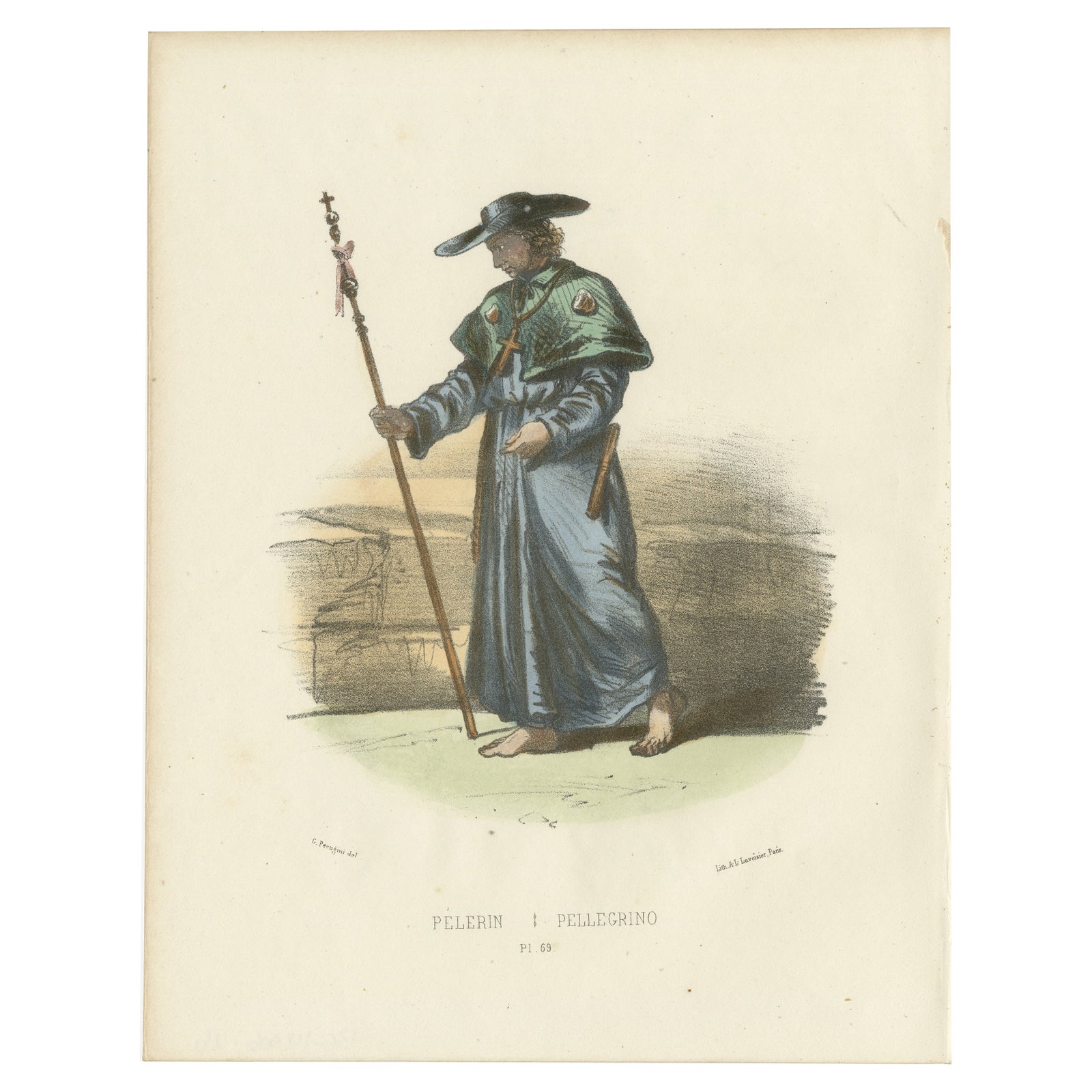 Pèlerin, 1862 Hand-Colored Lithograph of a Pilgrim