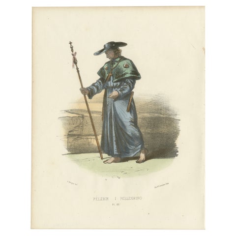 Pèlerin, 1862 Hand-Colored Lithograph of a Pilgrim