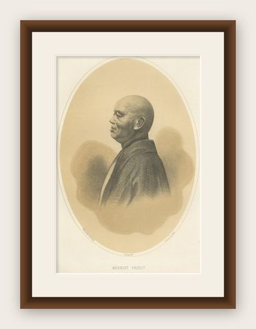 Old Lithograph of a Buddhist priest of Shimoda, Japan, 1856, shown framed