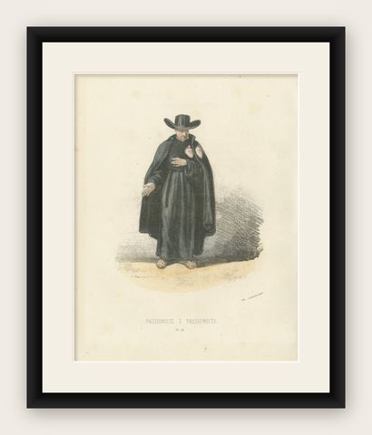 Passioniste, 1862 Hand-Colored Lithograph of a Passionist Monk, shown framed