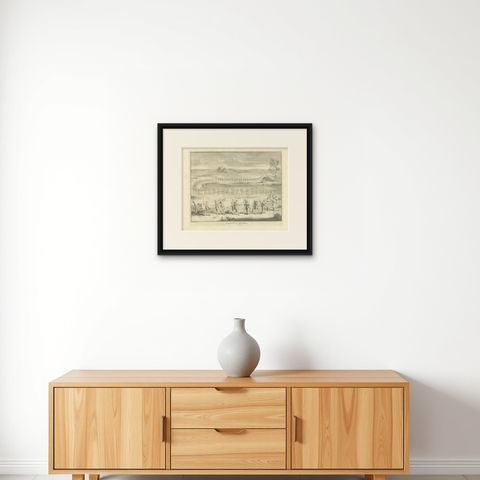 Antique Print of the Procession of The Flagellants by Morellon, c.1740, shown framed on a wall, true to size