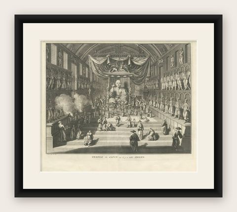 Antique Print of a Temple in Japan with Religious Idols by B. Picart, 1726, shown framed