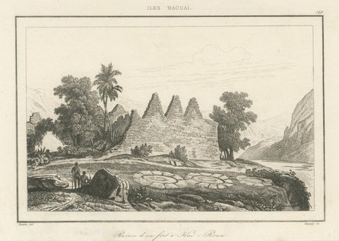 Ancient Hawaiian Temples & Royal Sacred Sites, Pair of Small Engravings, 1836, close-up 1