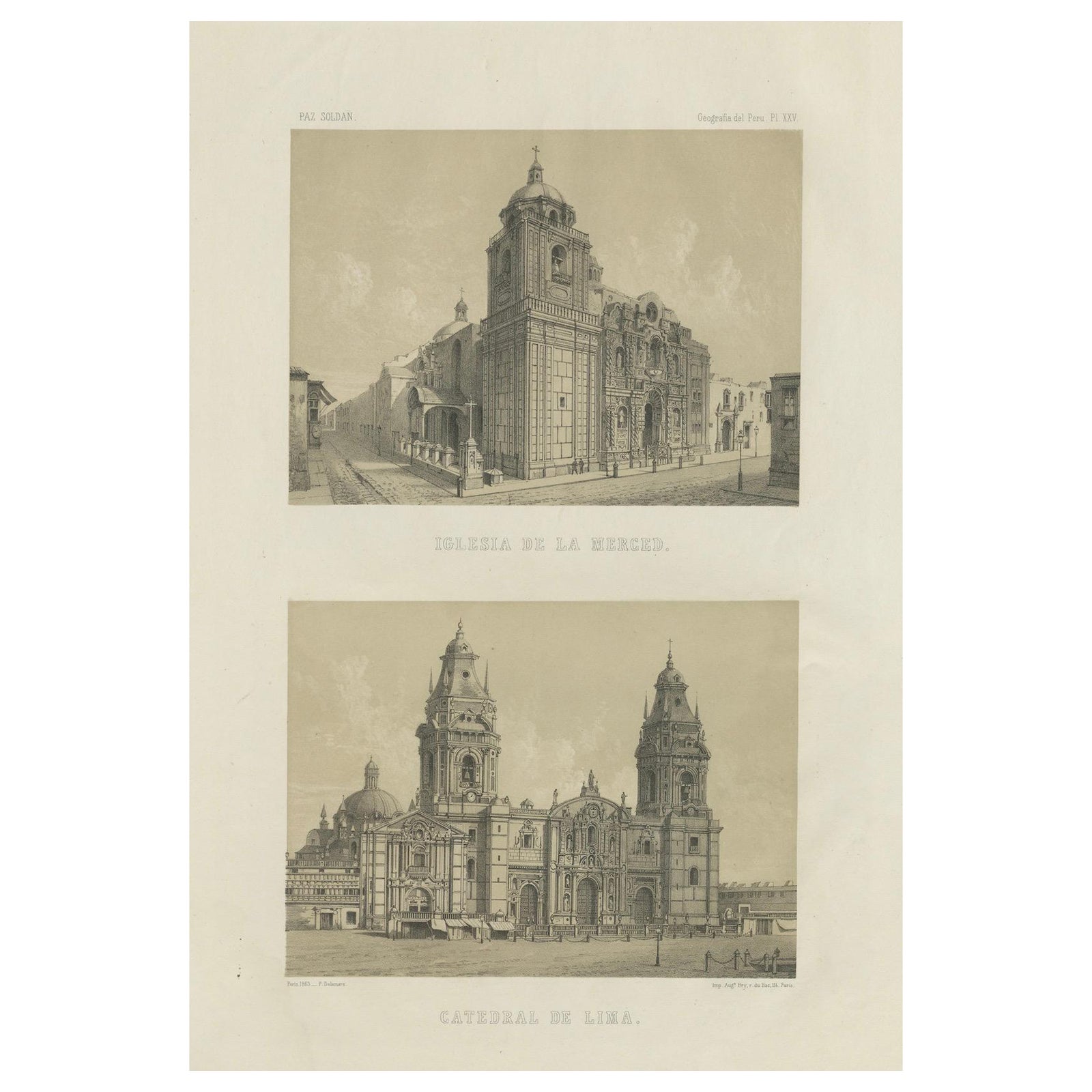 Antique lithograph views of the Cathedral and La Merced Church, Lima, 1865