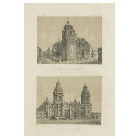 Antique lithograph views of the Cathedral and La Merced Church, Lima, 1865