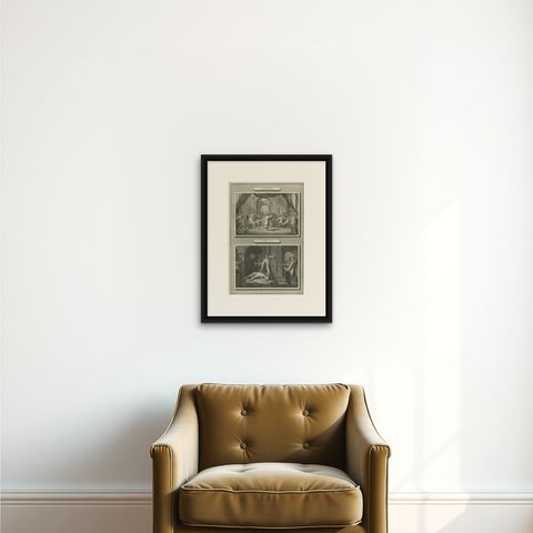 Antique Religious Engravings, Dance of Salome & John the Baptist Beheaded, 1700, shown framed on a wall, true to size