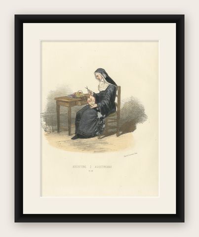 Augustine, 1862 Hand-Colored Lithograph of an Augustinian Nun, shown framed