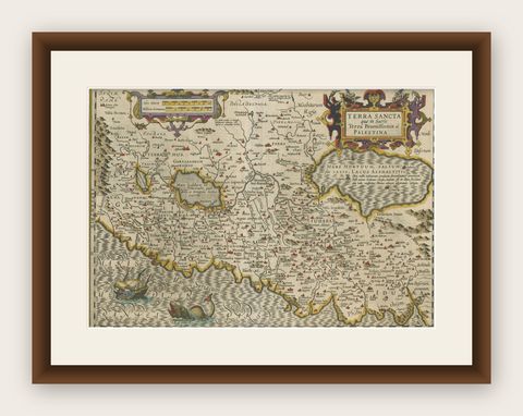 Holy Land Map, Terra Sancta Palestina, Hondius, Hand-Colored Engraving c.1620, shown framed