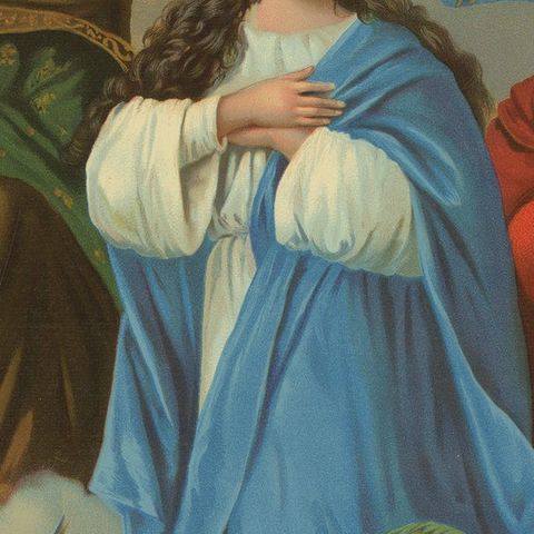 Antique Coronation of Mary Religious Chromolithograph with Gold, c. 1900, close-up 5