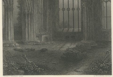 Melrose Abbey, Scotland, Antique Steel Engraving after Birket Foster, circa 1876, close-up 2