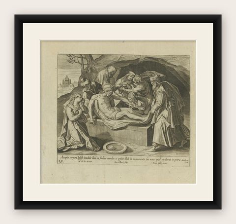 Antique Print of the Entombment of Christ by Collaert, 1784, shown framed