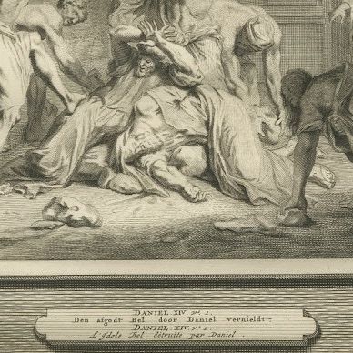 Stoning of Susanna's Accusers and Daniel Destroys Bel, Mortier circa 1700, close-up 2