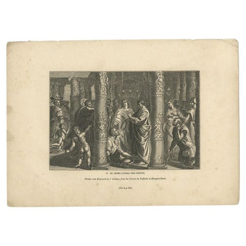 Religious Antique Print of St. Peter Healing the Cripple, 1835, view 2