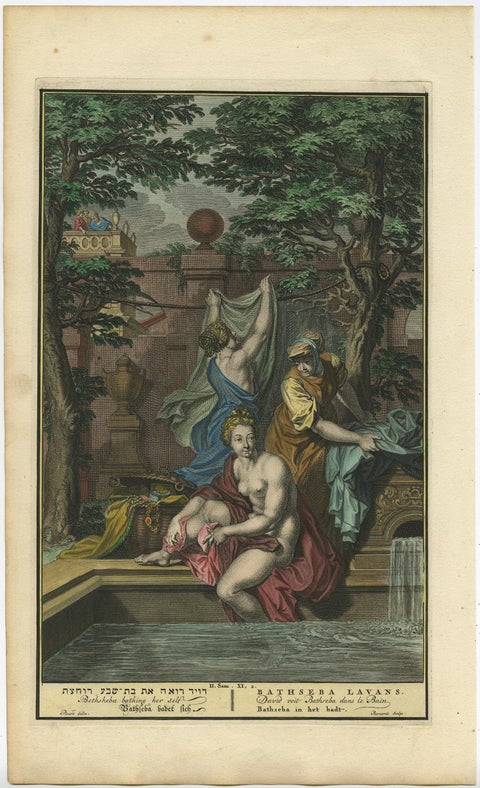 Bathsheba in the Bath, Old Testament Scene, Antique Engraving c.1730, view 2