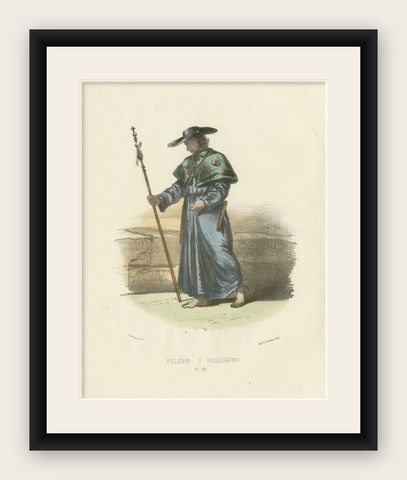 Pèlerin, 1862 Hand-Colored Lithograph of a Pilgrim, shown framed
