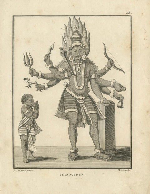 Rare Engraving of Hindu Deity Virapatrin, Antique Print Published in 1806, close-up 6