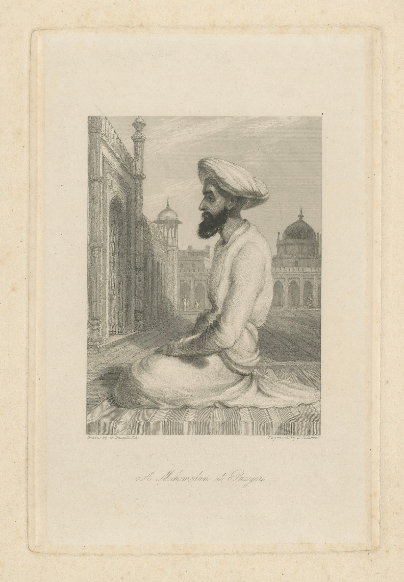Orientalist India Engraving, Muslim at Prayer, Daniell & Cochran c.1836