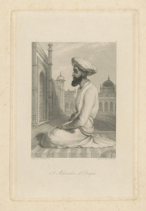 Orientalist India Engraving, Muslim at Prayer, Daniell & Cochran c.1836