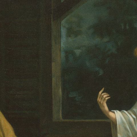 Saint Joseph Visited by an Angel, Antique German Chromolithograph c.1900, close-up 4