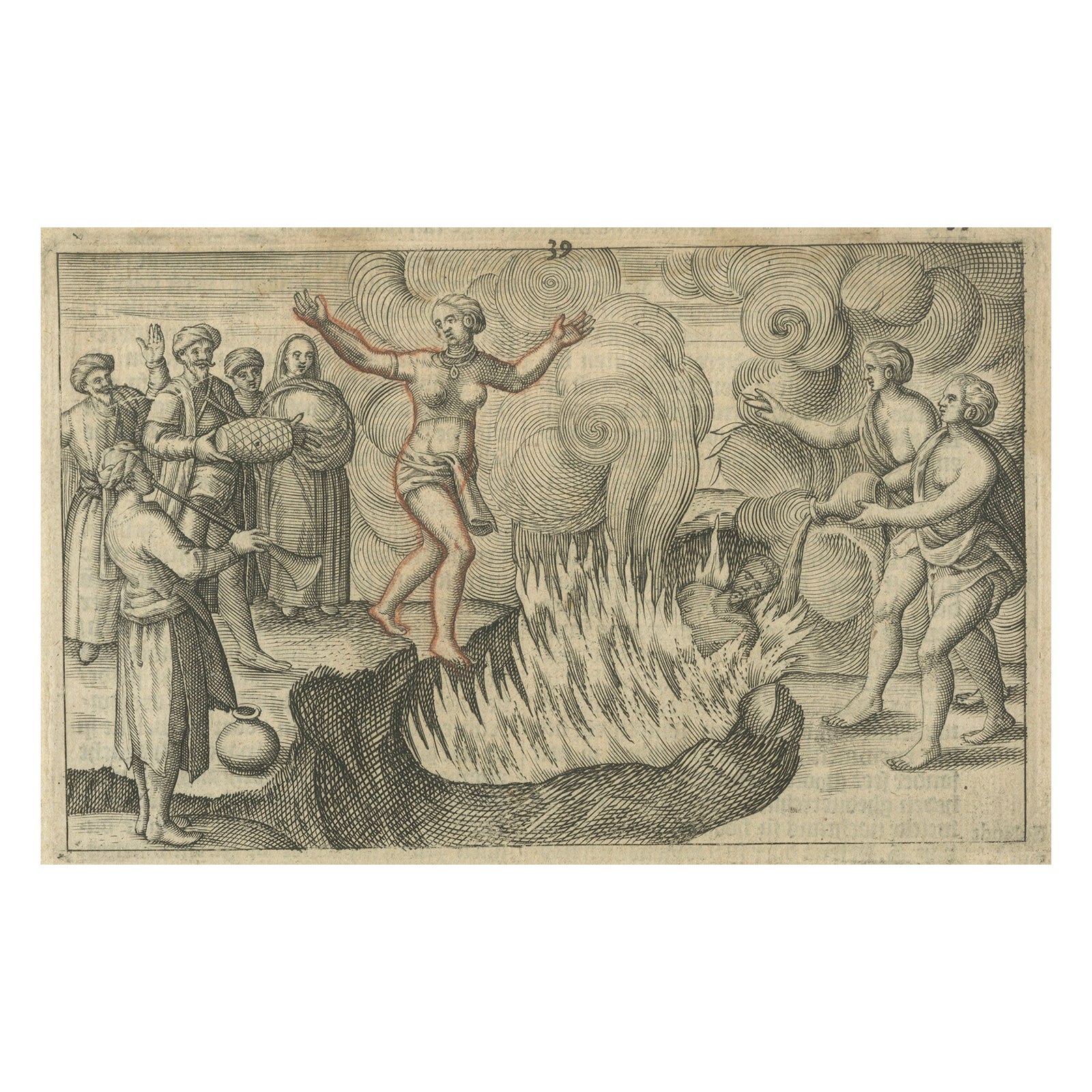 Early Depiction of Sati Ritual, Widow Burning on Pyre, Dutch Engraving c.1601
