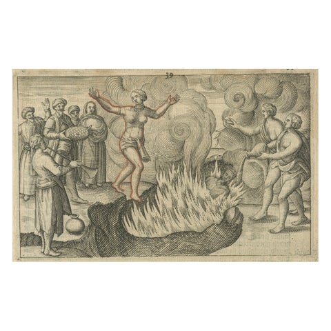 Early Depiction of Sati Ritual, Widow Burning on Pyre, Dutch Engraving c.1601