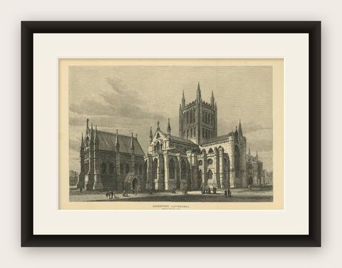 Antique Print of Hereford Cathedral from the Illustrated London News, 1883, shown framed