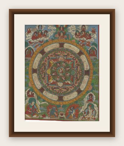 Hand Painted Mandala Thangka, circa 1920, shown framed