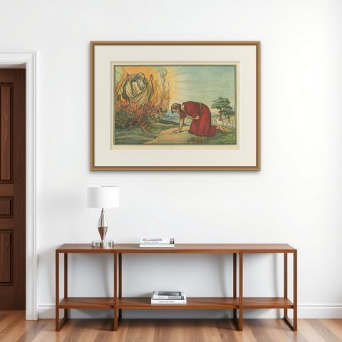 Antique Religion Print of Moses and the Burning Bush, 1913, shown framed on a wall, true to size
