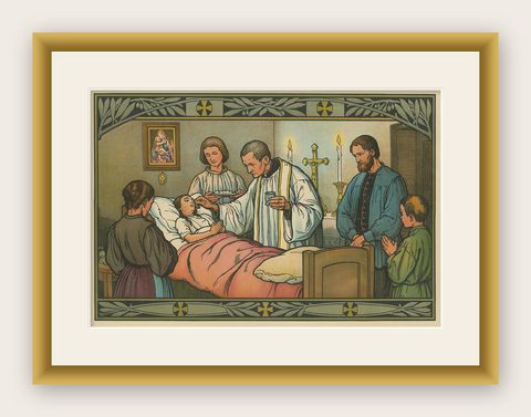 Antique Religion Print of the Seven Sacraments, Anointing of the Sick '1913', shown framed