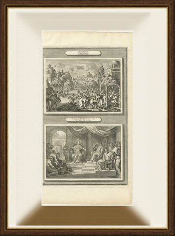Feast of Tabernacles and the Queen of Sheba Visits Solomon, Mortier, circa 1700, shown framed
