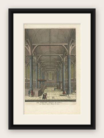 Antique Print of the Interior of a Church in Amsterdam ‘Nieuwezijds Kapel’, shown framed
