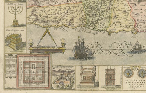 1632 Decorative Map of the Holy Land, Insets of Jerusalem and Biblical Artefacts, close-up 4